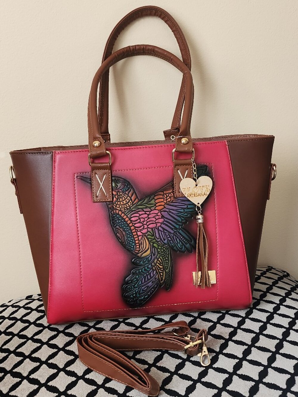 Hand-Painted Hummingbird Bag – Brown Vegan Leather with Hot Pink Background